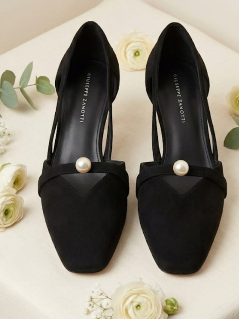 Coutgo Heels Inspired By Giuseppe Zanotti Black Suede Pearl-Accent Heels